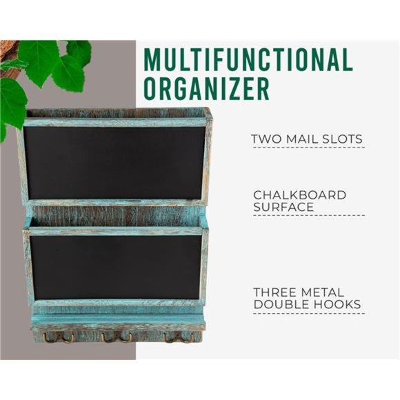 Rustic 2Slot Mail Sorter Organizer for Wall w/Chalkboard Surface & 3 Double Hook - Picture 3 of 6